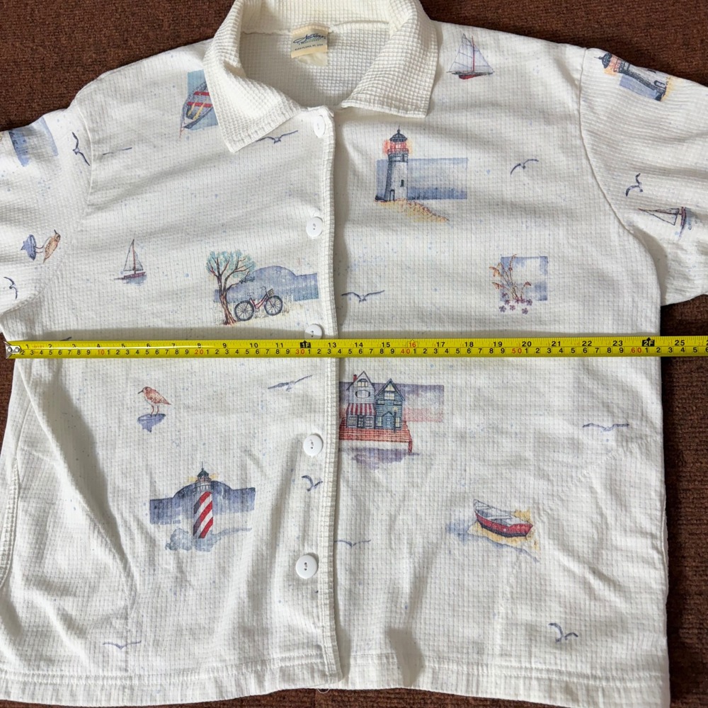 Artisans Nautical Lighthouse Waffle Knit Button Front Shirt Womens White L C+ - Picture 8 of 12